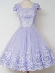 Knee Length Lavender Quinceanera Dama Dress Tulle Cap Sleeves Lace