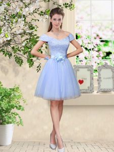 Fashion Lavender V-neck Neckline Lace and Belt Dama Dress for Quinceanera Cap Sleeves Lace Up