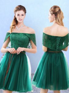 Olive Green A-line Off The Shoulder Cap Sleeves Tulle Knee Length Lace Up Lace Dama Dress for Quinceanera