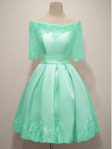 Off The Shoulder Half Sleeves Dama Dress for Quinceanera Knee Length Lace Turquoise Taffeta