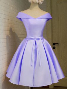 Superior Lavender Cap Sleeves Belt Knee Length Quinceanera Dama Dress
