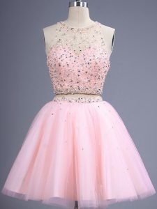 High Quality Baby Pink Lace Up Dama Dress for Quinceanera Beading Sleeveless Knee Length