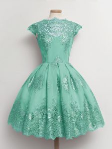 Turquoise Cap Sleeves Tulle Lace Up Dama Dress for Quinceanera for Prom and Party and Wedding Party