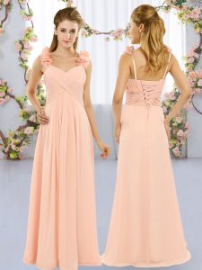Floor Length Peach Quinceanera Court Dresses Straps Sleeveless Lace Up