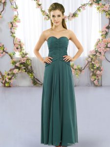 Floor Length Lace Up Dama Dress Peacock Green for Wedding Party with Ruching