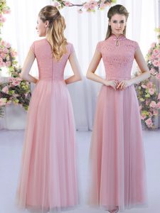 Pink Empire Tulle High-neck Cap Sleeves Lace Floor Length Zipper Dama Dress for Quinceanera