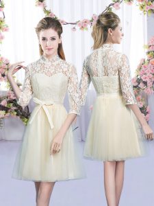 Dramatic Mini Length Champagne Quinceanera Court of Honor Dress Tulle Half Sleeves Bowknot