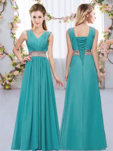 Sleeveless Floor Length Beading and Belt Lace Up Quinceanera Court Dresses with Teal