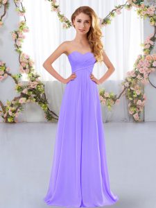 Fancy Sleeveless Floor Length Ruching Lace Up Vestidos de Damas with Lavender