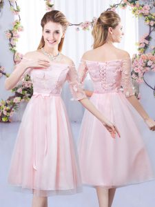 Fancy Tulle Half Sleeves Tea Length Dama Dress and Lace and Belt