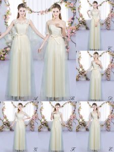 Champagne Scoop Neckline Lace and Bowknot Quinceanera Court Dresses Sleeveless Lace Up