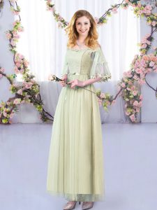 Suitable Tulle Half Sleeves Floor Length Court Dresses for Sweet 16 and Lace and Belt