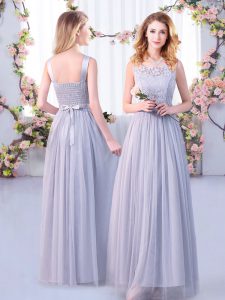 Comfortable Grey Sleeveless Lace and Belt Floor Length Quinceanera Court of Honor Dress