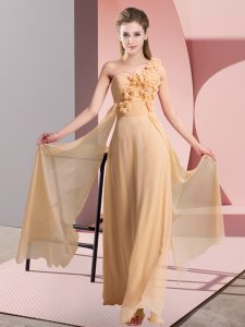New Style Peach Empire Chiffon One Shoulder Sleeveless Hand Made Flower Floor Length Lace Up Quinceanera Court of Honor Dress