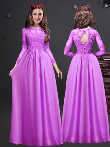 Excellent Floor Length Empire Long Sleeves Lilac Court Dresses for Sweet 16 Lace Up