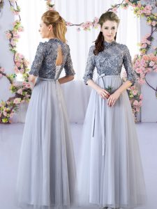 Luxurious Grey Lace Up High-neck Appliques Court Dresses for Sweet 16 Tulle Half Sleeves