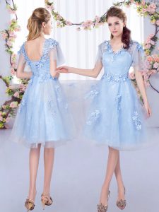 High Class Light Blue Tulle Lace Up Damas Dress Short Sleeves Knee Length Appliques