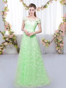 Luxurious Floor Length Quinceanera Court of Honor Dress Tulle Cap Sleeves Appliques