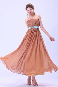 Ruching Rust Red Chiffon Ankle-length Dress For Dama With Blue Belt