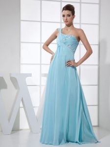 Light Blue One Shoulder Bridesmaid Dama Dresses with Ruching