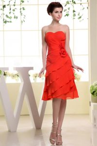 Red Knee-length Layers of Ruffles Damas Dresses For Quince with Cool Back