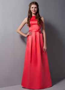 Rust Red Column High Neck Party Dama Dresses with Waist Accented