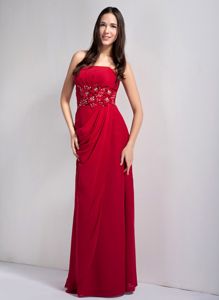 Wine Red Empire Strapless Quince Dama Dresses with Floral Waist