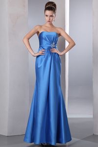 Blue Column Beaded Ankle-length Satin Dama Dresses for Sweet 15