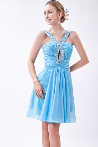 Baby Blue V-neck Party Dama Dresses with Beading in Chiffon