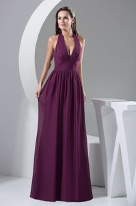 Halter Plunging V-neck Back Out Chiffon Dama Dress in Purple