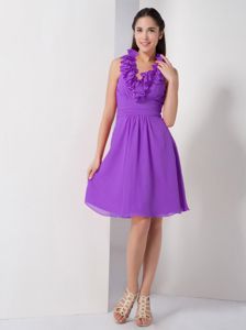 Knee-length Purple Halter Chiffon A-line Dama Dress Ruched