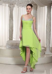 High-low Beaded Yellow Green Layers Dama Dress With Straps