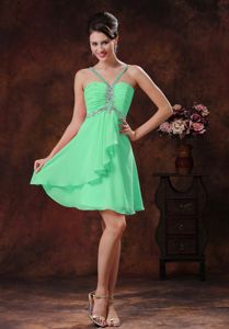 Short V-neck Green Beaded Dama Dress for Quinceanera 2014