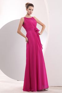 Bateau Hot Pink Chiffon Empire Prom Dress for Damas Sashed