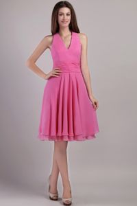 Hot Pink Chiffon Empire Knee-length Dama Dress with Halter