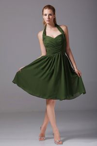 Cool Back Halter Olive Green Ruched Chiffon 15 Dresses for Damas