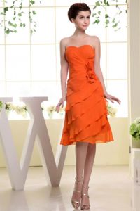Orange Red Prom Dresses for Dama Decorated Handle Flowers and Layers
